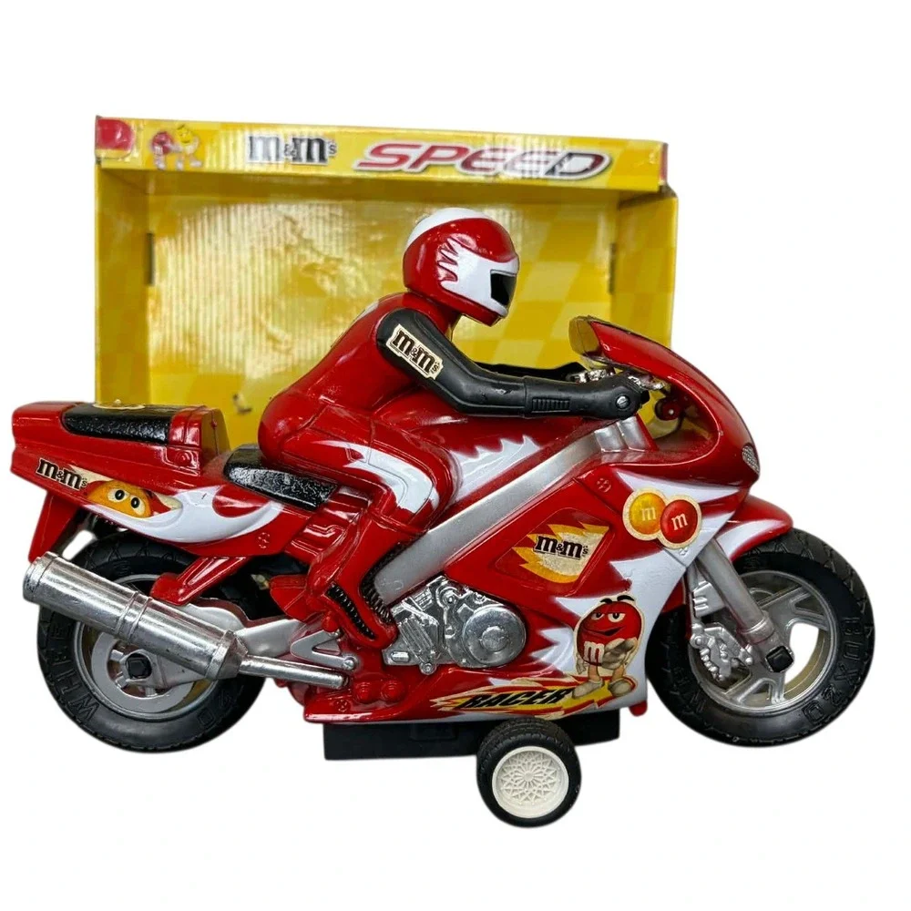 RARE M&M's Speed Racer Red Motorcycle Toy with Rider Figure Original Box 11 inch
